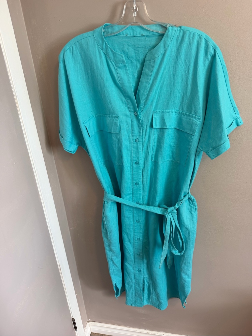 Olsen Turquoise Linen Cotton Belted Shirt Dress Pockets US L/14